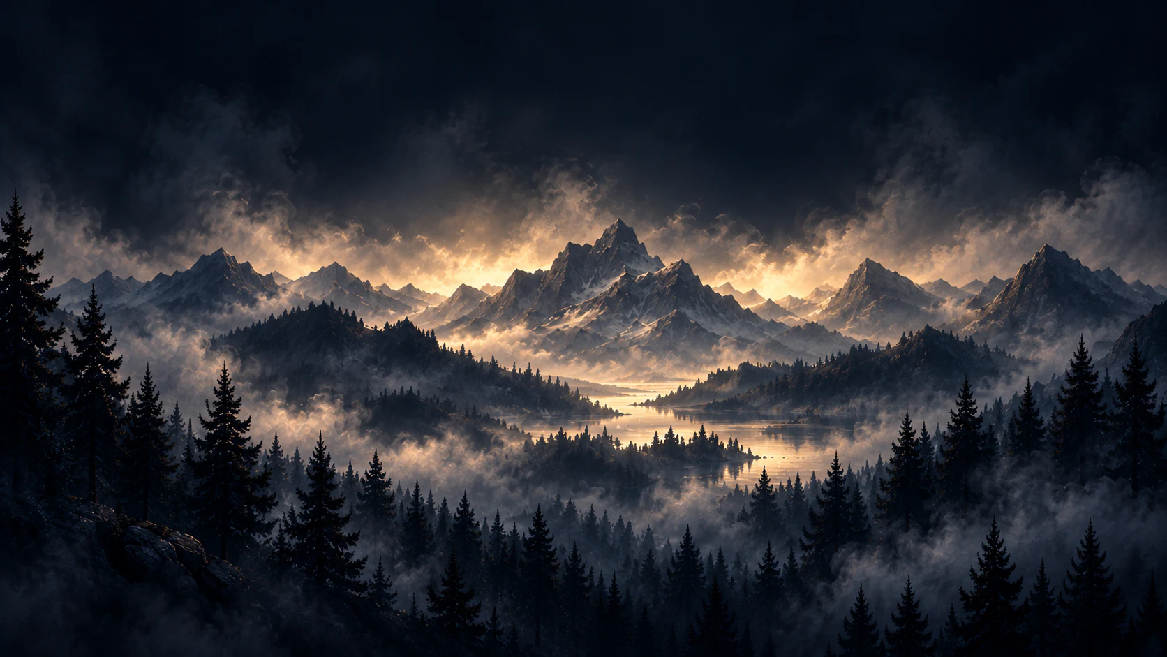 Misty forest, lake, and mountains in the AVALA world