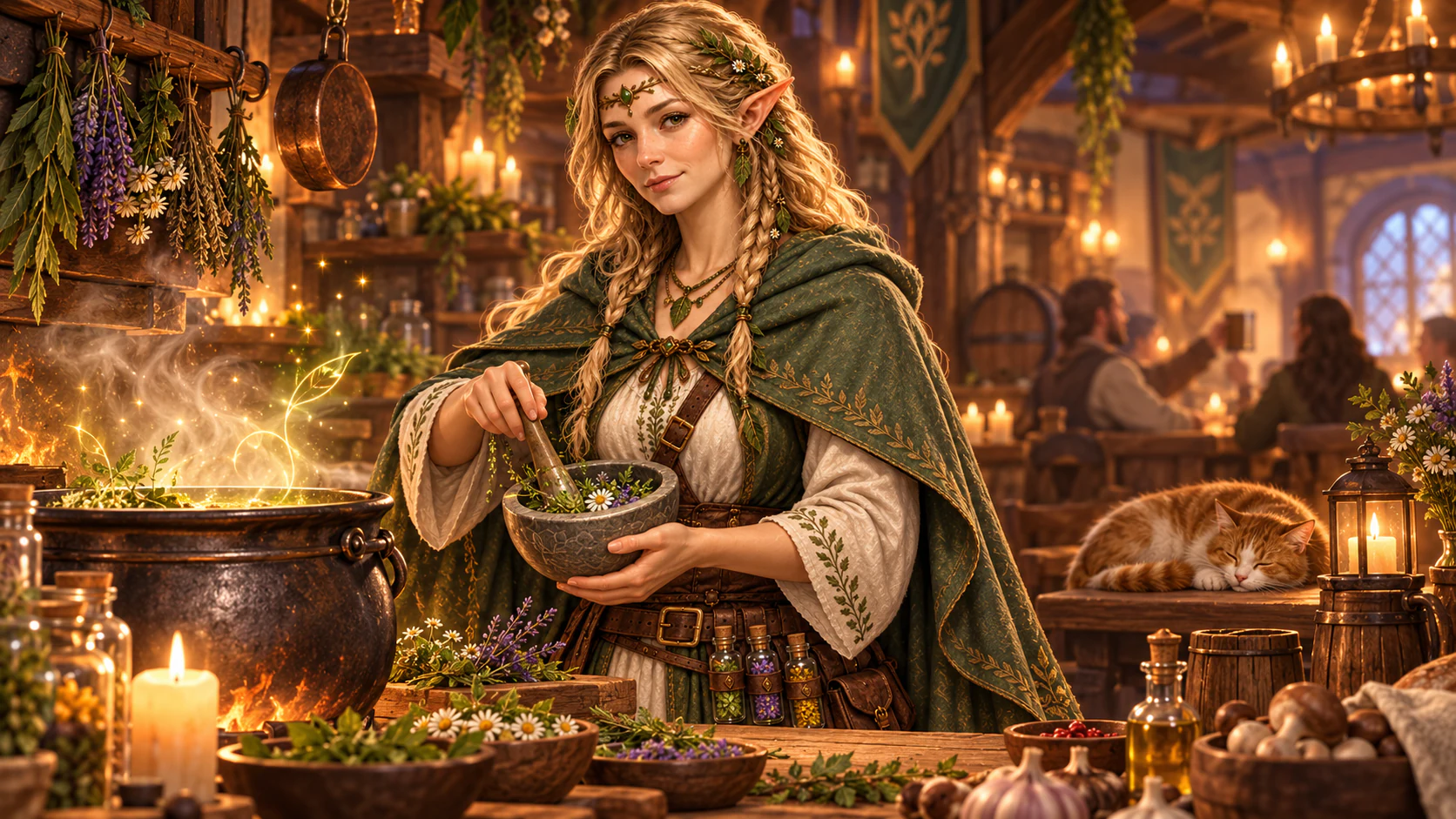 A glowing SpellSimmer tavern kitchen at sunset
