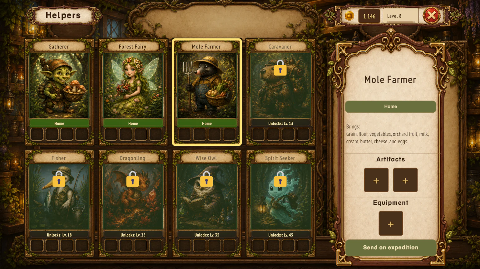 Helpers on an expedition in SpellSimmer